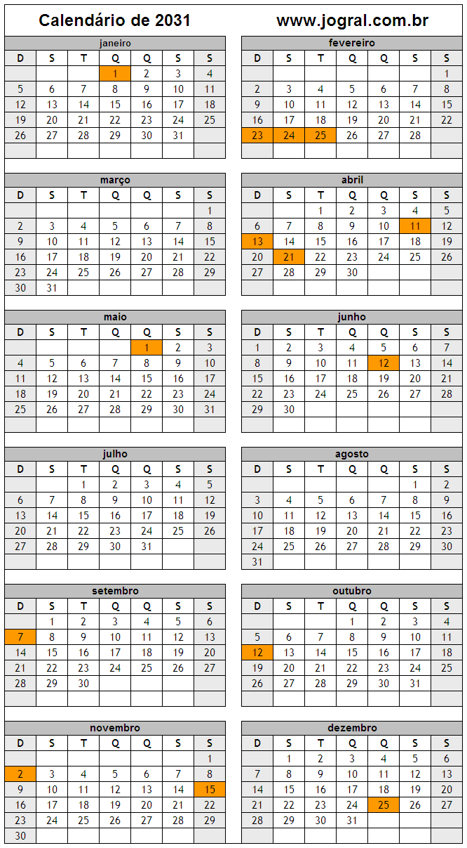 Calendário do Ano 2031 Para Imprimir