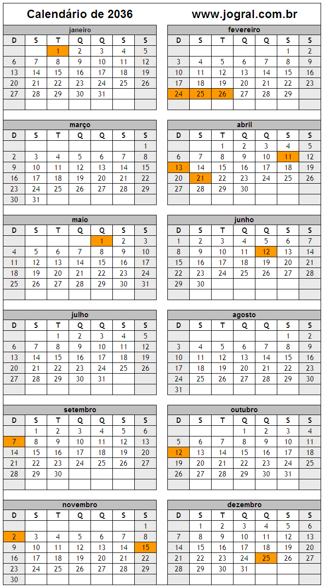 Calendário do Ano 2036 Para Imprimir