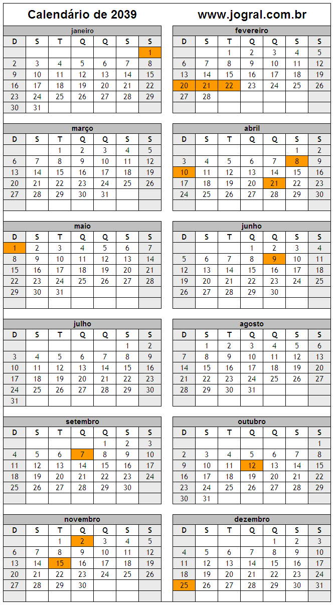 Calendário do Ano 2039 Para Imprimir