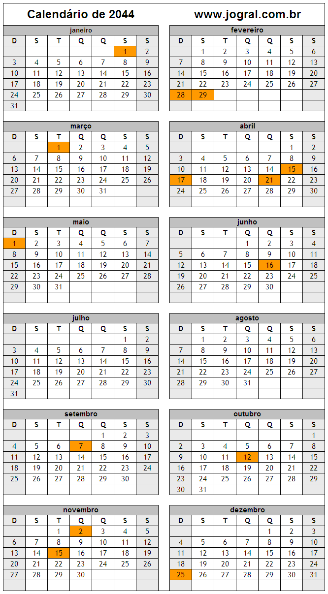 Calendário do Ano 2044 Para Imprimir