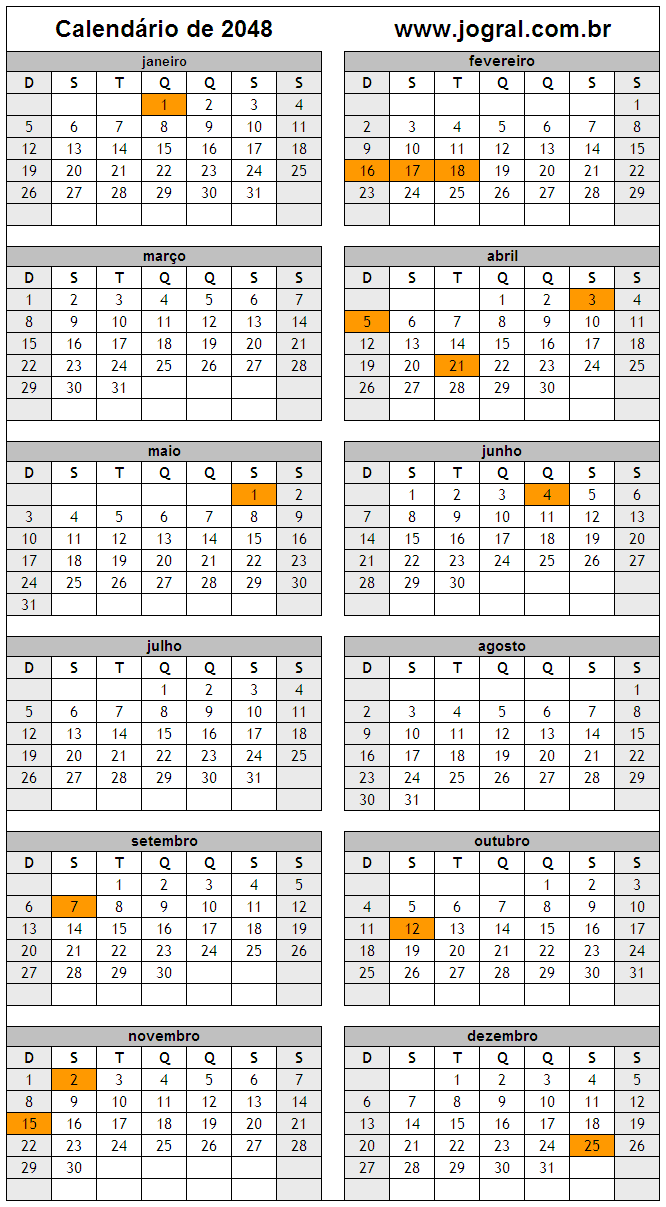 Calendário do Ano 2048 Para Imprimir