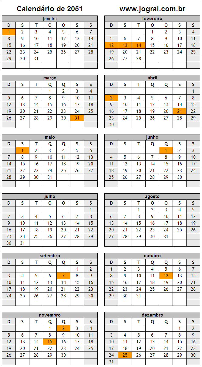 Calendário do Ano 2051 Para Imprimir