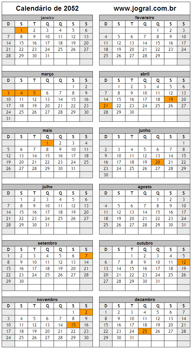 Calendário do Ano 2052 Para Imprimir
