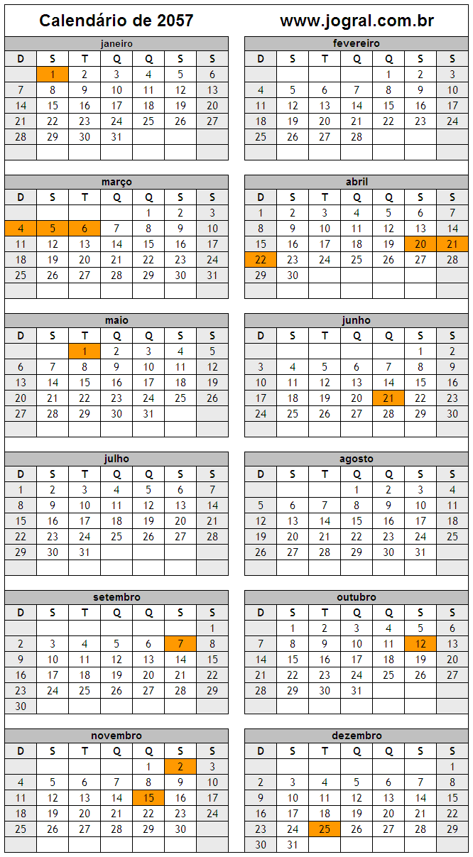 Calendário do Ano 2057 Para Imprimir