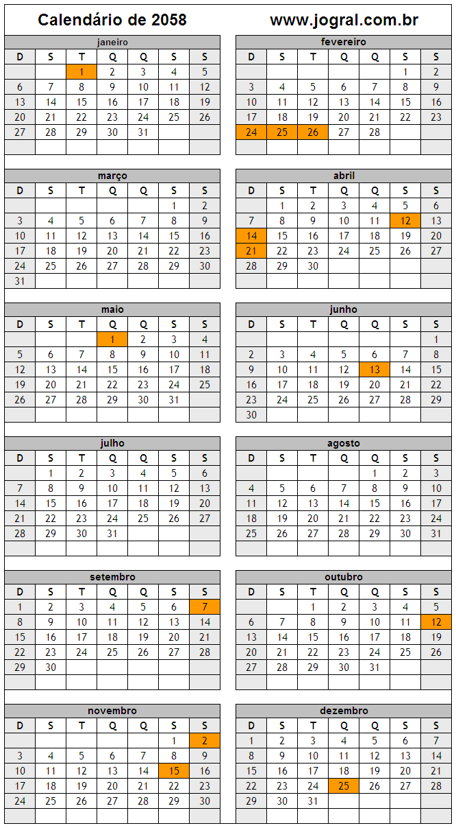 Calendário do Ano 2058 Para Imprimir