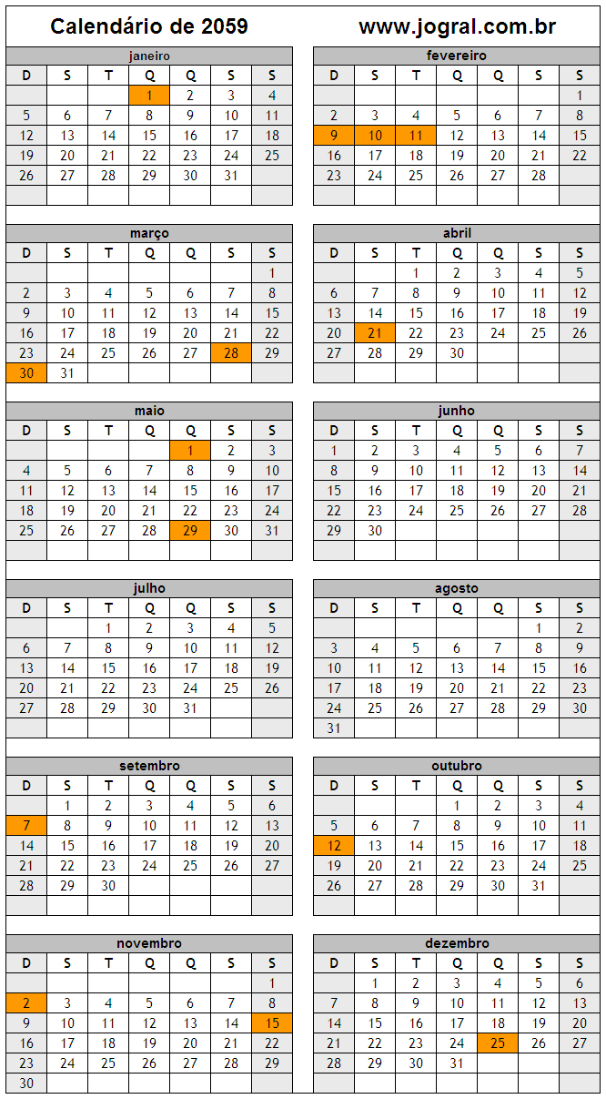 Calendário do Ano 2059 Para Imprimir