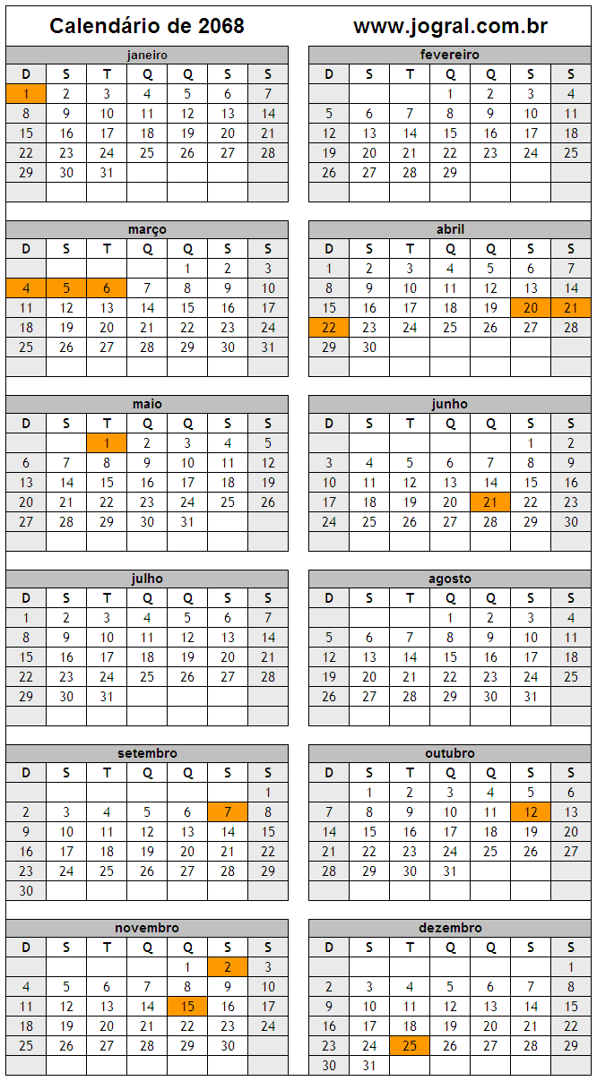 Calendário do Ano 2068 Para Imprimir