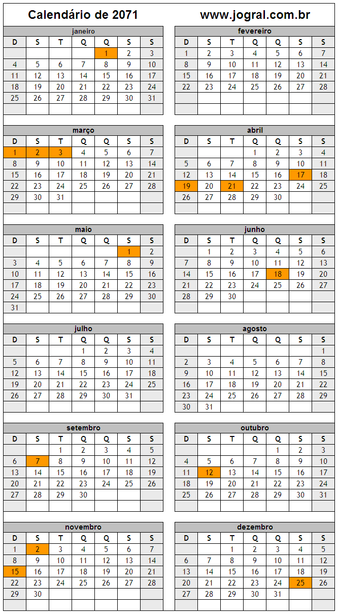 Calendário do Ano 2071 Para Imprimir