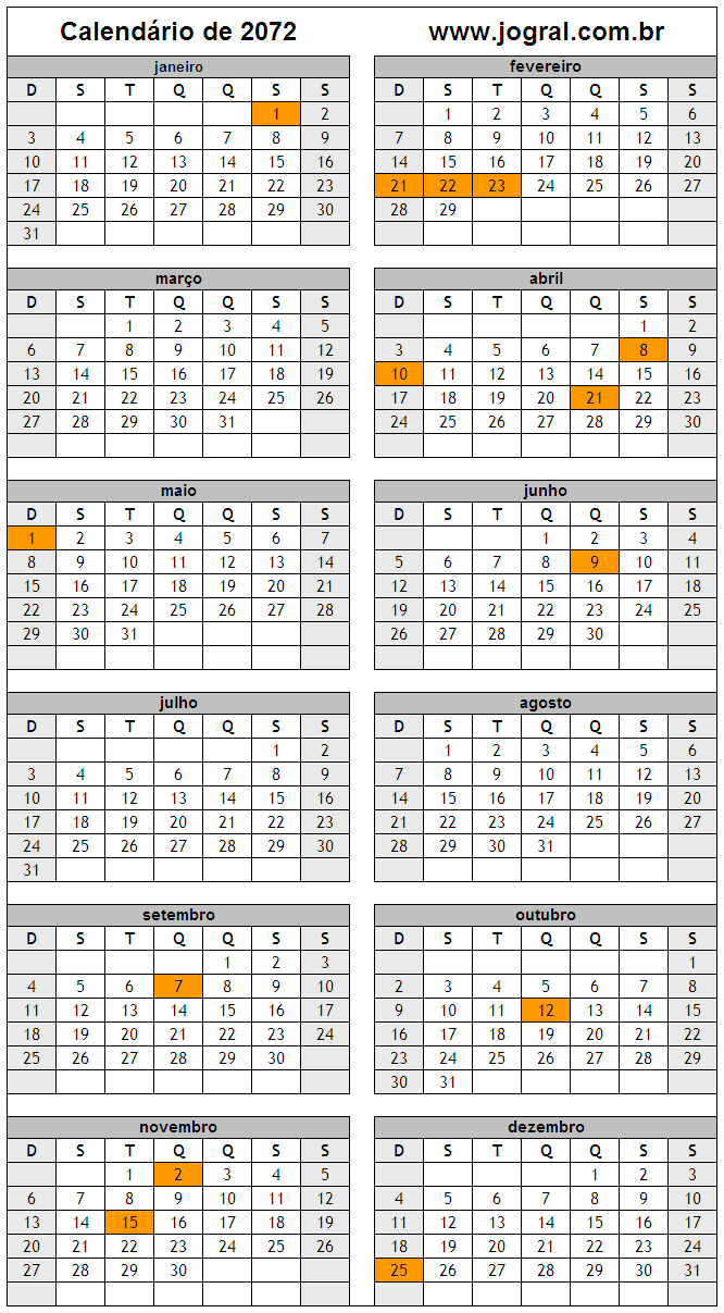 Calendário do Ano 2072 Para Imprimir