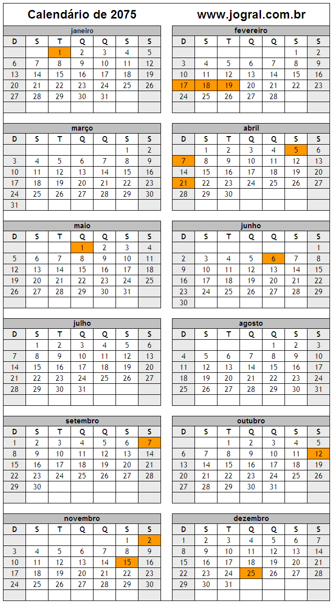 Calendário do Ano 2075 Para Imprimir