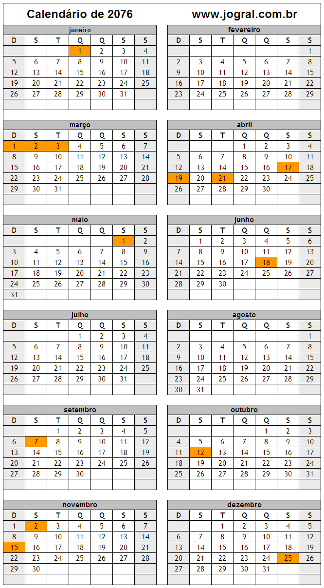 Calendário do Ano 2076 Para Imprimir