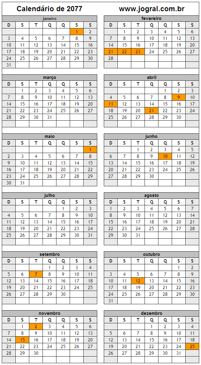 Calendário do Ano 2077 Para Imprimir