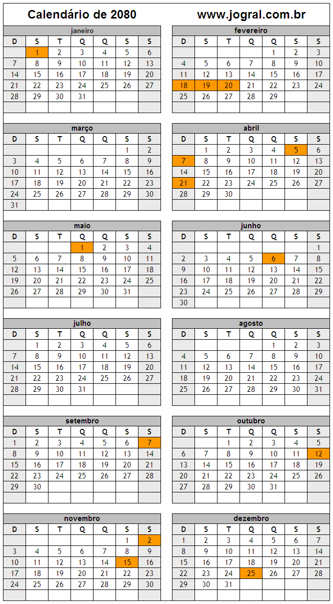 Calendário do Ano 2080 Para Imprimir