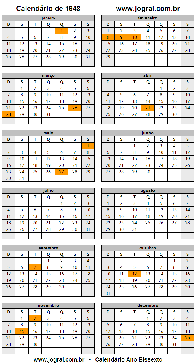 Calendário Bissexto do Ano 1948