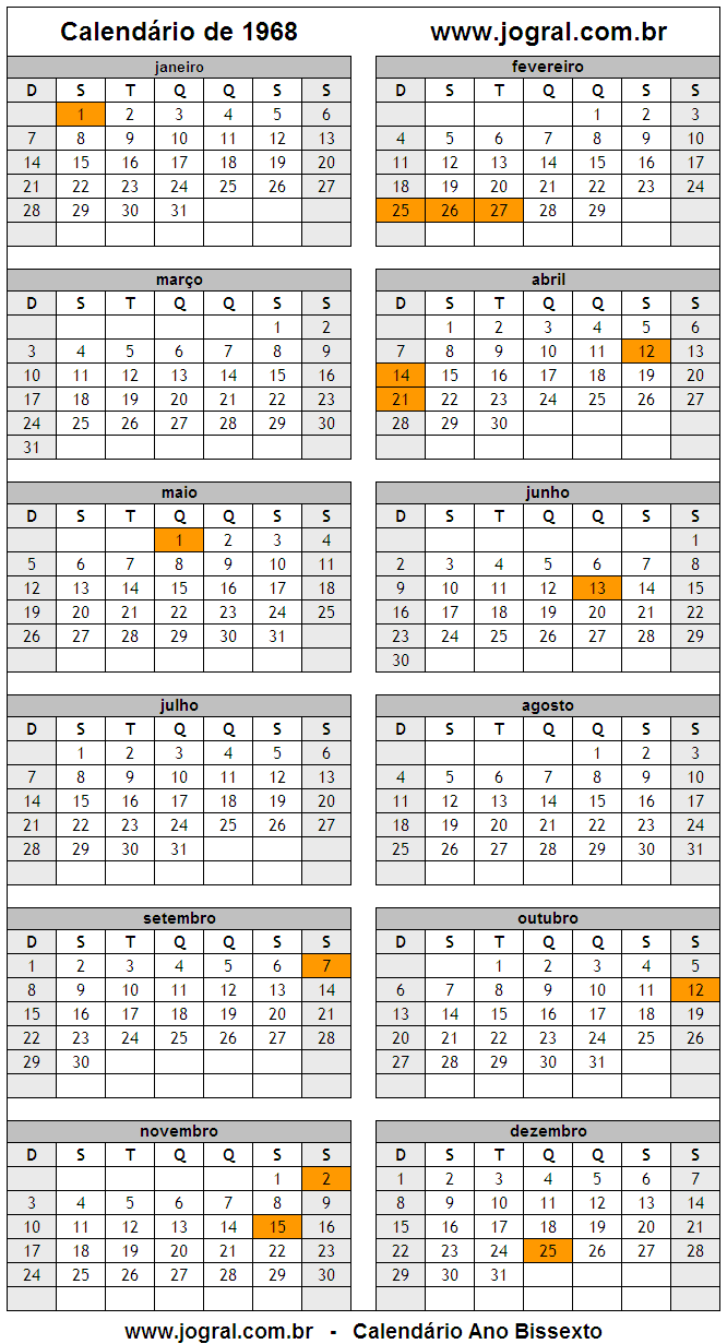 Calendário Bissexto do Ano 1968