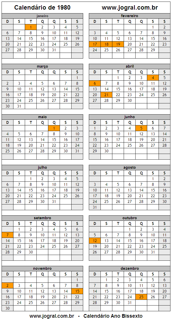 Calendário Bissexto do Ano 1980