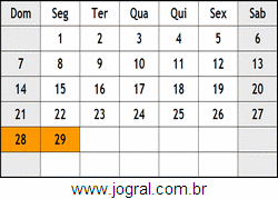 Calendário Fevereiro Ano 1960