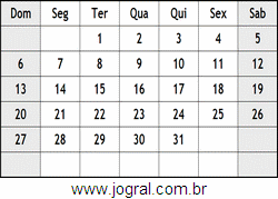 Calendário Agosto Ano 1961