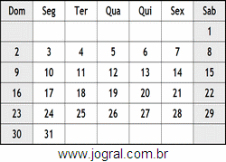 Calendário Julho Ano 1961