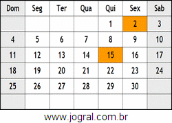 Calendário Novembro Ano 1962