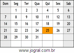 Calendário Dezembro Ano 1969