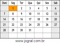 Calendário Janeiro Ano 1979