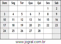 Calendário Fevereiro Ano 2019