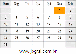 Calendário Janeiro Ano 2044