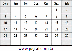 Calendário Junho Ano 2046