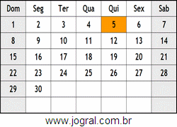 Calendário Junho Ano 2053