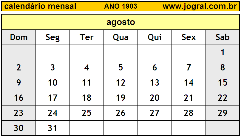 Calendário do Ano 1903 Mês de Agosto