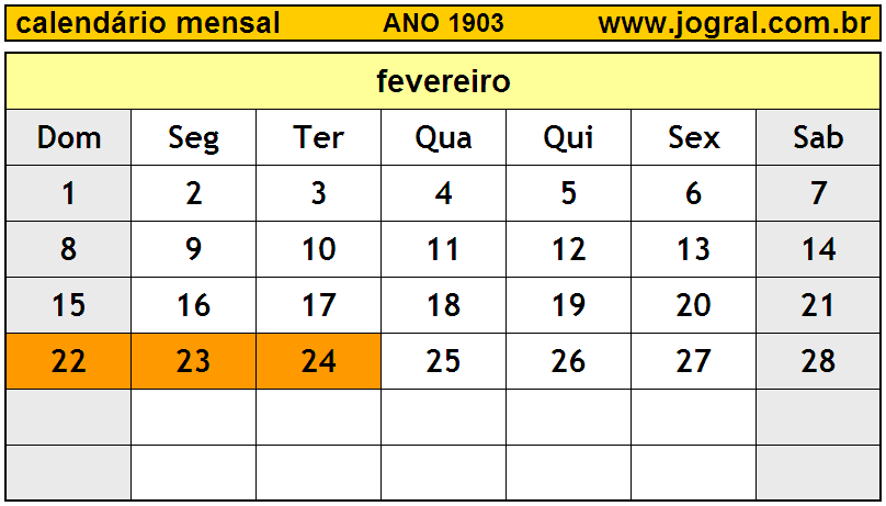 Calendário do Ano 1903 Mês de Fevereiro