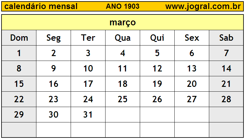 Calendário do Ano 1903 Mês de Março