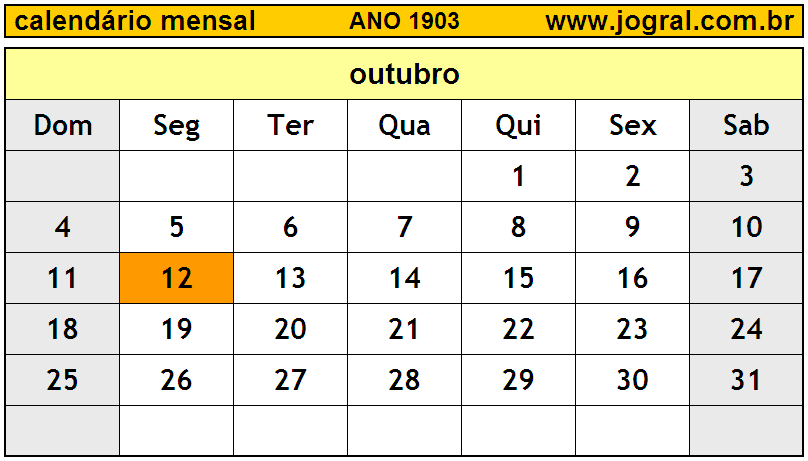 Calendário do Ano 1903 Mês de Outubro