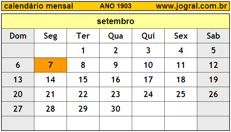 Calendário do Ano 1903 Mês de Setembro