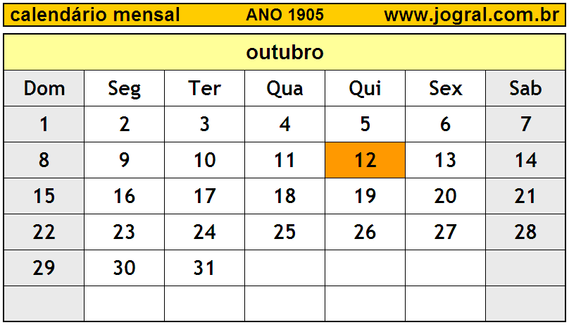 Calendário do Ano 1905 Mês de Outubro