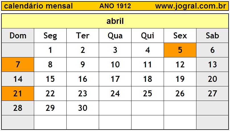 Calendário do Ano 1912 Mês de Abril