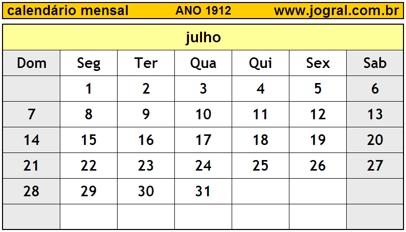 Calendário do Ano 1912 Mês de Julho