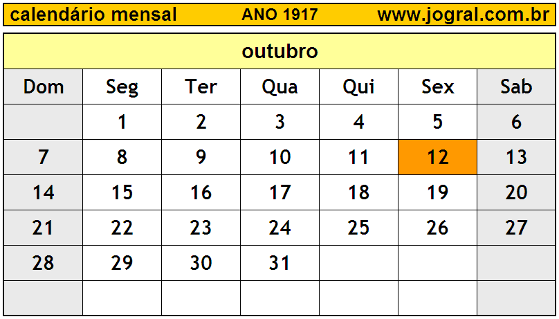 Calendário do Ano 1917 Mês de Outubro
