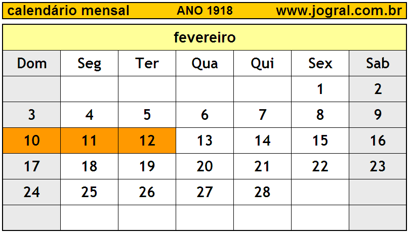 Calendário do Ano 1918 Mês de Fevereiro