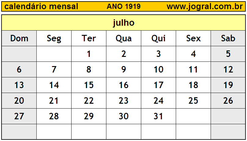 Calendário do Ano 1919 Mês de Julho