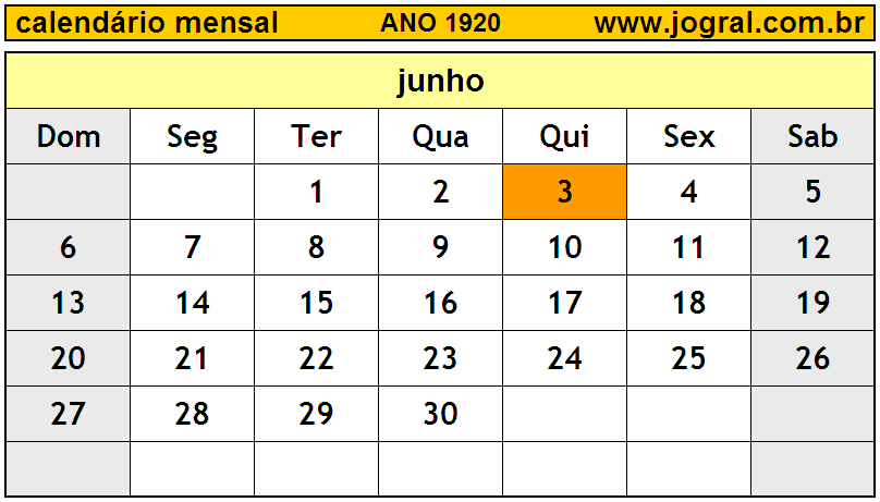Calendário do Ano 1920 Mês de Junho
