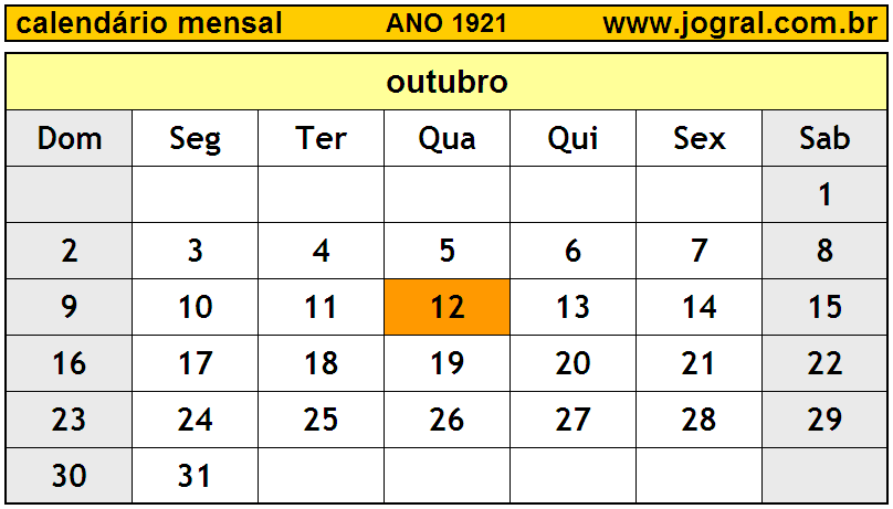 Calendário do Ano 1921 Mês de Outubro