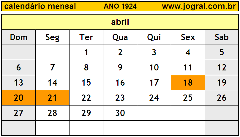 Calendário do Ano 1924 Mês de Abril