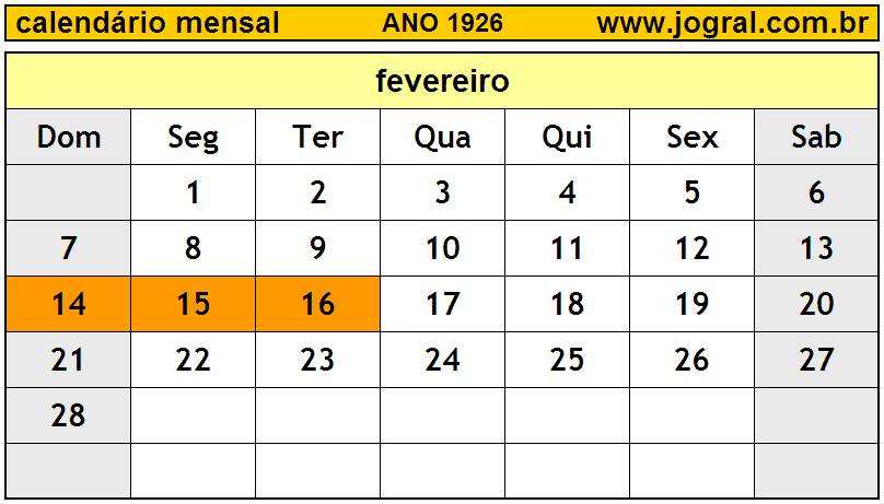 Calendário do Ano 1926 Mês de Fevereiro