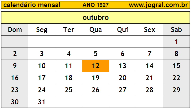 Calendário do Ano 1927 Mês de Outubro