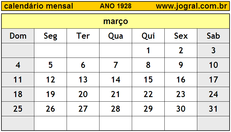 Calendário do Ano 1928 Mês de Março