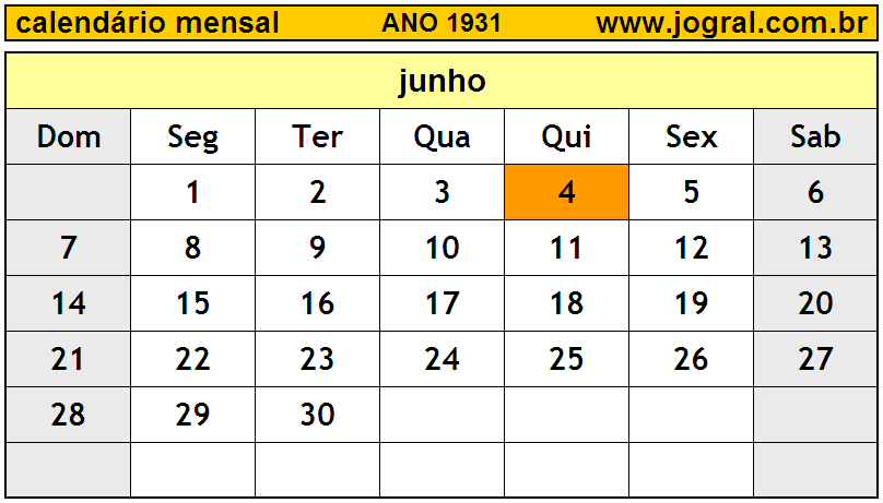 Calendário do Ano 1931 Mês de Junho