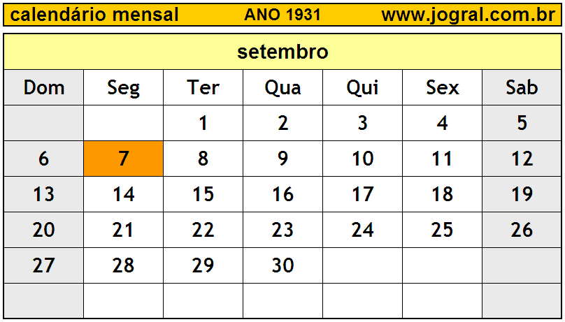 Calendário do Ano 1931 Mês de Setembro