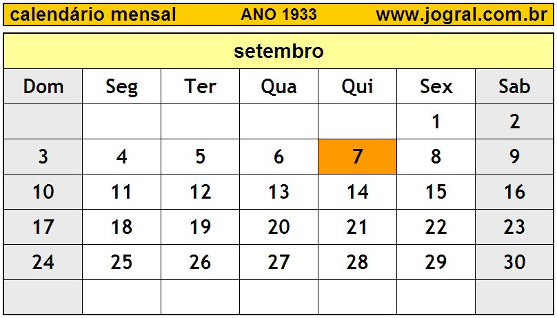 Calendário do Ano 1933 Mês de Setembro
